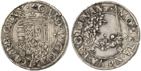 LOTHRINGEN. Charles III., 1545-1608 
Double Gros o. J. Gekröntes Wappen, point secret unter D von CARO.D.G. / Schwertarm aus Wolken.
DS 17/12, Flon ...