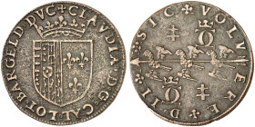 LOTHRINGEN. Charles III., 1545-1608 
Kupferjeton o. J., für Charles III. und Claude de France. Gekröntes Wappen / Drei Alerions auf Pfeil.
Feuardent...