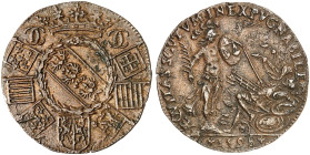 LOTHRINGEN. Charles III., 1545-1608 
Kupferjeton 1598. Sieben Wappen um gekrönte Alerionbinde / Justitia neben gestürztem Krieger.
Feuardent 7501a, ...