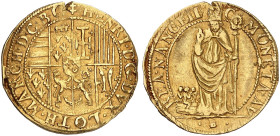 LOTHRINGEN. Henri II., 1608-1624 
Florin d'or o. J., Mzz. G = Nicolas Gennetaire zwischen Punkten. Wappen / St. Nikolaus, daneben Faß mit Kindern.
F...