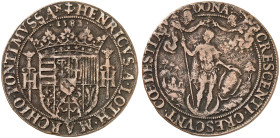 LOTHRINGEN. Henri II., 1608-1624 
Kupferjeton 1582, als Marquis de Pont à Mousson. Wappen zwischen zwei H und zwei Degen / Marquis mit Speer und Schi...