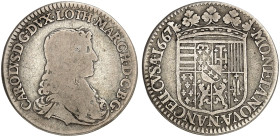 LOTHRINGEN. Charles IV., 3. Regierung, 1661-1670 
Demi Teston 1667.
DS - , Flon - unedierter Jahrgang ! s / ss