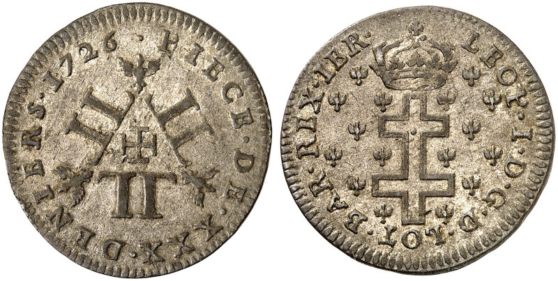 LOTHRINGEN. Leopold, 1690-1729 
30 Deniers 1726. 6 L im Dreieck / Lothringer Kr...