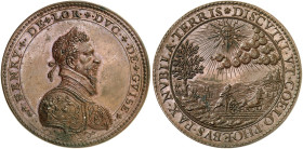 LOTHRINGEN. 
Bronzemedaille o. J. (unsigniert, 49,3 mm). Brustbild von Henri (le Balafré, ermordet 1588) de Lorraine, Duc de Guise / Sonne über Lands...