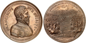 STÄDTE IN LOTHRINGEN. Metz 
Bronze-Zwittermedaille o. J. (unsigniert, 54,4 mm). Brustbild von François de Guise / Schlacht von Casale 1630. Mit Randp...