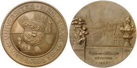 STÄDTE IN LOTHRINGEN. Nancy 
Bronzemedaille o. J. (graviert 1923, von Henry Dropsy, 62,8 mm), Universitätsprämie. Wappen / Place Stanislas, Widmung f...