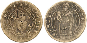 METZ. - Stadt. 
"Gold"-Gulden o. J. Verkehrsfälschung in Messing eines im Original unbekannten Stückes. St. Stephanus in Mandorla / Sechspaß mit Stad...