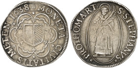 METZ. - Stadt. 
Taler 1638 (geprägt 7.-26. Mai), 3. Typ, mit eckigem Wappen.
Dav. 5581, Flon 732/13, Slg. Robert 813 RR ! ss