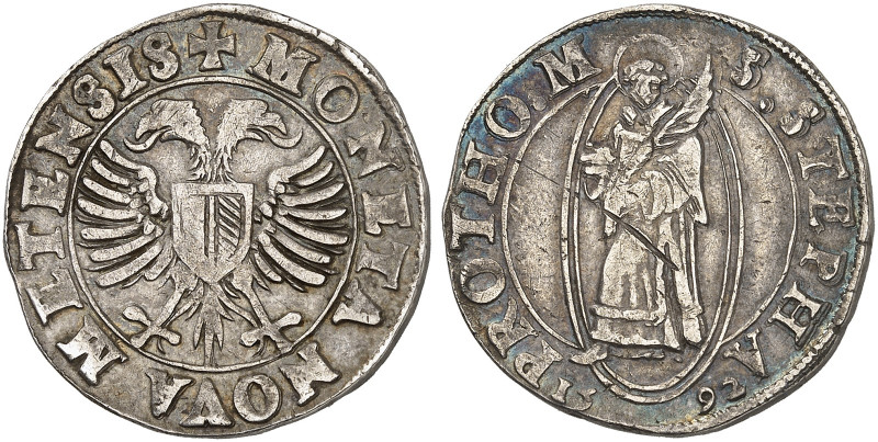 METZ. - Stadt. 
Teston 1592. Stehender Stephanus / Doppeladler.
Flon 741/2, DS...