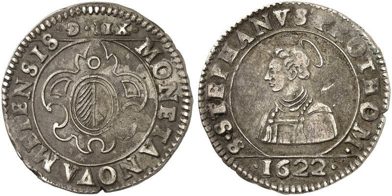 METZ. - Stadt. 
Franc Messin zu 12 Groschen 1622. Stephansbüste / Doppeladler....