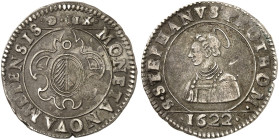 METZ. - Stadt. 
Franc Messin zu 12 Groschen 1622. Stephansbüste / Doppeladler.
Flon 745/9, Slg. Robert 838 ss