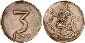 METZ. - Stadt. 
Kupfermarke 1637. Wertzahl 3 und Jahreszahl / S - E (Saint Étienne), kniender St. Stephanus mit Korb voll Steine (keine Krone wie bei...
