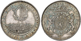 METZ. - Stadt. 
Silberjeton 1700, Meisterschöffe Pierre de Rissan. Stadtansicht / Familienwappen.
Robert Tf. V, 8 schöne Patina, vz - St