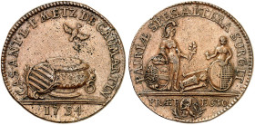 METZ. - Stadt. 
Kupferjeton 1754, auf die Geburt des Casimir Metz de Caumartin. Taube über Taufbecken und Wappen / Kind in Wiege zwischen Minerva und...