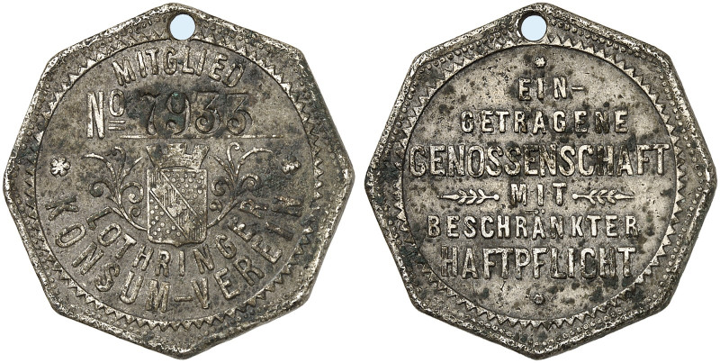 METZ. - Stadt. 
Achteckige Zinn-Mitgliedsmarke o. J. (1890-1898), Lothringer Ko...