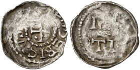 METZ. - Bistum. Dietrich II., 1004-1046 und Kaiser Heinrich II., 1002-1024 
Denier. Kreuz EODERICVS / Schrift M../TI.
Dannenbg. 25, Flon 181/28 Präg...