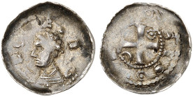 METZ. - Bistum. Dietrich IV., 1173-1179 
Denier. Büste / Kreuz, in den Winkeln Mondsichel und Rosette.
Flon 209/1, Slg. Robert 539 ss