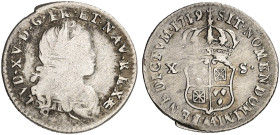 METZ. - Königlich französische Münzstätte. Louis XV., 1715-1774 
1/12 Écu oder 10 Sols de France-Navarre 1719, AA.
Dupl. 1662, Gad. 287 s / ss