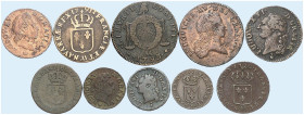 METZ. - Königlich französische Münzstätte. Louis XV., 1715-1774 
Lot von 10 Stück: Kupfermünzen. Serie Buste Enfantin: Liard 1720, 1/2 Sol 1720, 1 So...