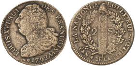 METZ. - Königlich französische Münzstätte. Louis XVI., 1774-1793 
2 Sols 1792 (AN 4), AA, Constitution..
Dupl. 1722, Gad. 25 ss