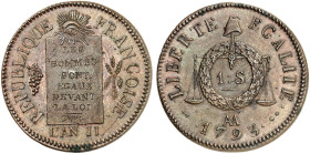 METZ. - Königlich französische Münzstätte. Louis XVI., 1774-1793 
Sol aux Balances 1793 (AN II), AA, Constitution.
Gad. 19 Neuprägung, vz - St