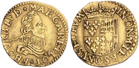 CHÂTEAU REGNAULT. François de Bourbon und Louise Marguerite de Lorraine, 1605-1614 
Goldgulden o. J. Ähnlich wie der Vorige, mit Schreibfehler IN ONM...