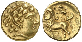 KELTISCHE MÜNZEN. GALLIEN. - Treveri. 
1/4-Goldstater. Apollonkopf / Androkephales Pferd mit Lenker, unten geflügelte Gestalt.
DT 124; Slg. Flesche ...