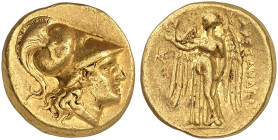 GRIECHISCHE MÜNZEN. KÖNIGREICH MAKEDONIEN. Alexander III., "der Große", 336 - 323 v. Chr. 
Goldstater, Kallatis. Athenakopf / Nike.
Price 897; M. 16...