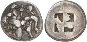 GRIECHISCHE MÜNZEN. THRAKISCHE INSELN. - Thasos. 
Stater, 550-463 v. Chr. Satyr greift Nymphe / Quadratum incusum.
SNG Cop. 1008 8,26 g dunkle Patin...