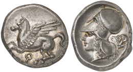GRIECHISCHE MÜNZEN. KORINTHIA. - Korinthos. 
Stater, um 336 v. Chr. Pegasos / Athenakopf, im Feld E + Rose.
Ravel 997b Prachtexemplar ! 8,58 g vz
...