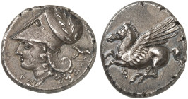 GRIECHISCHE MÜNZEN. KORINTHIA. - Korinthos. 
Stater, 386-307 v. Chr. Pegasos / Athenakopf mit bekränztem Helm, Beizeichen Eber.
Ravel 1017 8,44 g vz...