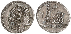RÖMISCHE MÜNZEN. RÖMISCHE REPUBLIK. M. Volteius. 
Denar, 78 v. Chr. Liberkopf / Ceres in Schlangenbiga.
Cr. 385/3; S. 776 4,25 g getönt, vz