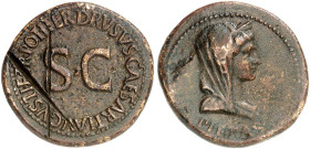 RÖMISCHE MÜNZEN. RÖMISCHE KAISERZEIT. Livia, gest. 29. 
Dupondius, geprägt unter Tiberius. Rev. Büste der Livia als Pietas.
RIC 43; BMC 98 14,85 g R...