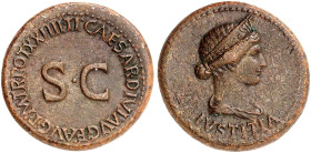 RÖMISCHE MÜNZEN. RÖMISCHE KAISERZEIT. Livia, gest. 29. 
Dupondius, geprägt unter Tiberius. Rev. Büste der Livia als Iustitia.
RIC 46; BMC 79 14,57 g...