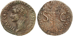 RÖMISCHE MÜNZEN. RÖMISCHE KAISERZEIT. Tiberius, 14 - 37. 
As. Kopf n. links / Geflügelter Caduceus zwischen S-C.
RIC 59; C. 22 9,69 g Rev. korrodier...