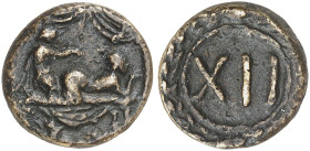 RÖMISCHE MÜNZEN. RÖMISCHE KAISERZEIT. Zeit des Tiberius, 14 - 37. 
Spintria. Erotische Szene / Ziffer XII in Kranz.
Simonetta/Riva 4; Buttrey 9 4,67...