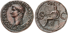 RÖMISCHE MÜNZEN. RÖMISCHE KAISERZEIT. Caligula, 37 - 41. 
As. Rev. Thronende Vesta.
RIC 38; BMC 46 11,22 g rotbraune Patina, min. korrodiert, feines...