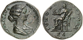RÖMISCHE MÜNZEN. RÖMISCHE KAISERZEIT. Lucilla, gest. 183. 
Sesterz. Rev. Thronende Iuno mit Blume und Wickelkind.
RIC 1747; C. 37 20,62 g dunkelbrau...