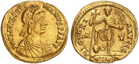 RÖMISCHE MÜNZEN. RÖMISCHE KAISERZEIT. Valentinianus III., 425 - 455. 
Solidus, Ravenna. Rev. Kaiser setzt Fuß auf menschenköpfige Schlange.
RIC 2011...