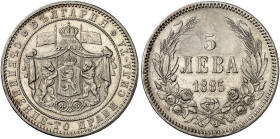 EUROPA. BULGARIEN. Alexander I., 1879-1886. 
5 Lewa 1885.
Dav. 60, KM 7 min. Kr., ss