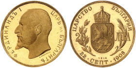 EUROPA. BULGARIEN. Ferdinand I., 1887-1918. 
20 Lewa 1912, Sofia, offizielle Nachprägung (1967/1968), auf die Unabhängigkeitserklärung 1908 und das 2...
