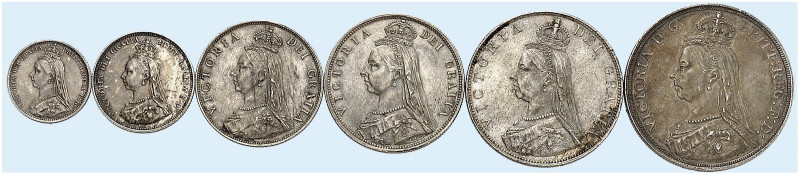 EUROPA. ENGLAND. Victoria, 1837-1901. 
Lot von 6 Stück: 6 Pence, Shilling, Flor...