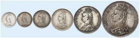 EUROPA. ENGLAND. Victoria, 1837-1901. 
Lot von 6 Stück: 6 Pence, Shilling, Florin 1887, 4 Pence 1888, Crown 1889, 3 Pence 1892.
S. 3929, 3926, 3925,...