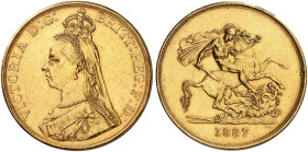 EUROPA. ENGLAND. Victoria, 1837-1901. 
5 Pounds 1887.
Friedb. 390, S. 3864, Schlumb. 339 Gold kl. Rdf., f. vz