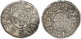 EUROPA. FRANKREICH. - KAROLINGER. Karl, "der Kahle", 843-877. 
Denar, Paris. Karolusmonogramm / Kreuz.
Depeyrot 763, M. G. 833 ss+