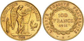 EUROPA. FRANKREICH. III. République, 1871-1940. 
100 Francs type Génie 1911, A - Paris.
Friedb. 590, Gad. 1137a, Schlumb. 422 Gold kl. Rdf., f. vz