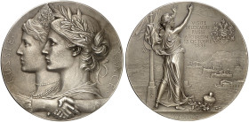 EUROPA. FRANKREICH. Medaillen. 
Versilberte Bronzemedaille 1893 (von J. C. Chaplain, 70,6 mm), auf den Besuch der russischen Flotte in Toulon. Brustb...