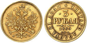 EUROPA. RUSSLAND. Alexander II., 1855-1881. 
3 Rubel 1869, St. Petersburg.
Friedb. 164, Uzd. 254, Bitkin 31, Schlumb. 142 Gold min. Hksp., ss