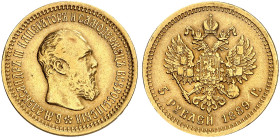 EUROPA. RUSSLAND. Alexander III., 1881-1894. 
5 Rubel 1889, St. Petersburg.
Friedb. 168, Uzd. 300, Bitkin 33, Schlumb. 181 Gold ss