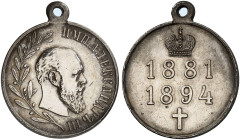 EUROPA. RUSSLAND. Alexander III., 1881-1894. 
Tragbare Silbermedaille 1894 (unsigniert, 28,8 mm), auf seinen Tod. Büste / Krone über Regierungsdaten....